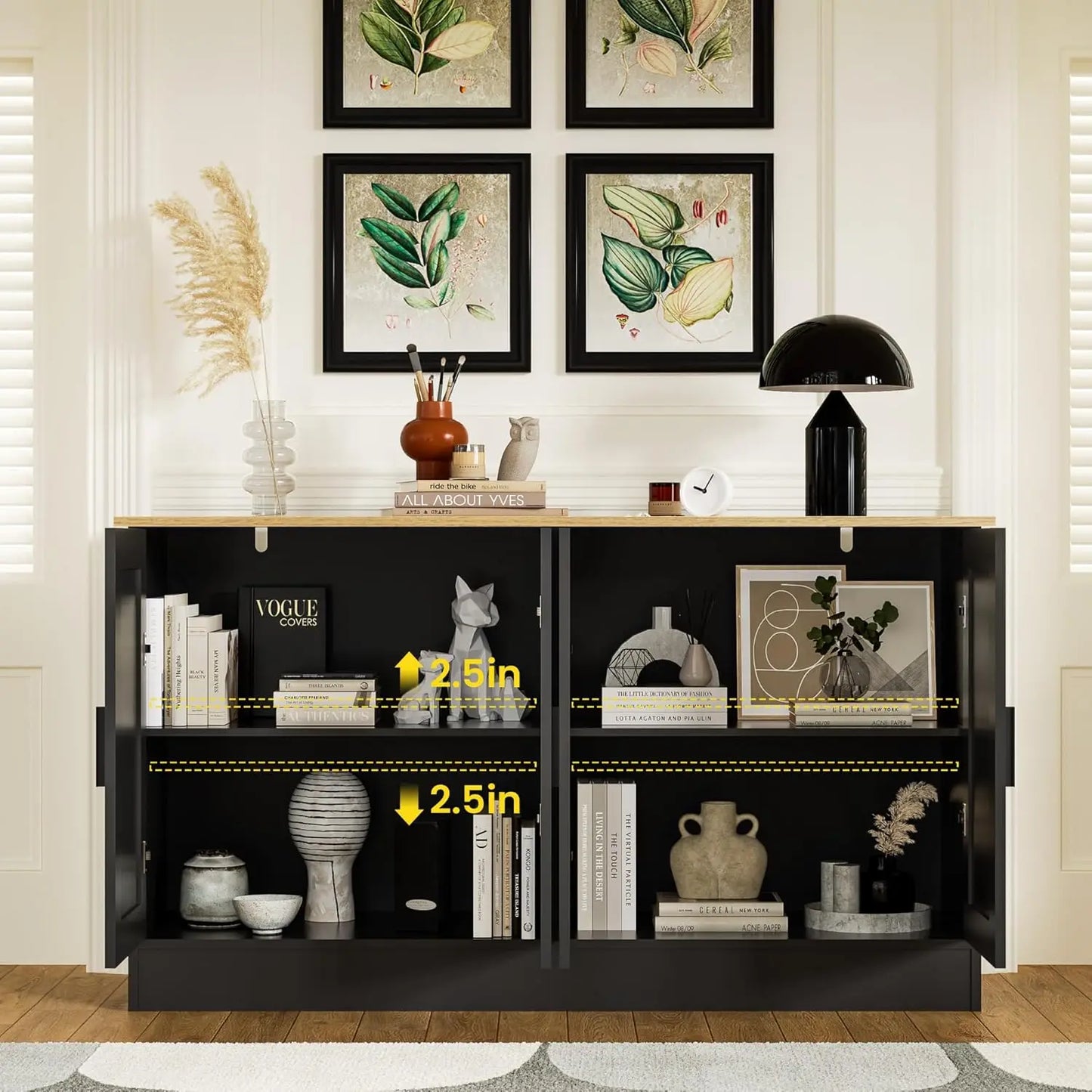 53.1“W Black 4 Door Buffet Cabinet Coffee Bar Cabinet with Adjustable Shelf Kitchen Buffet Sideboard for Living Room Kitchen