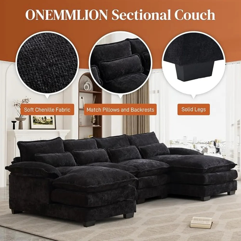 110" U Shape Sectional Cloud Couch,Modern Chenille Comfy Modular Sofa, 4 Seat Sleeper,Double Chaise,Black Living Room Sofas