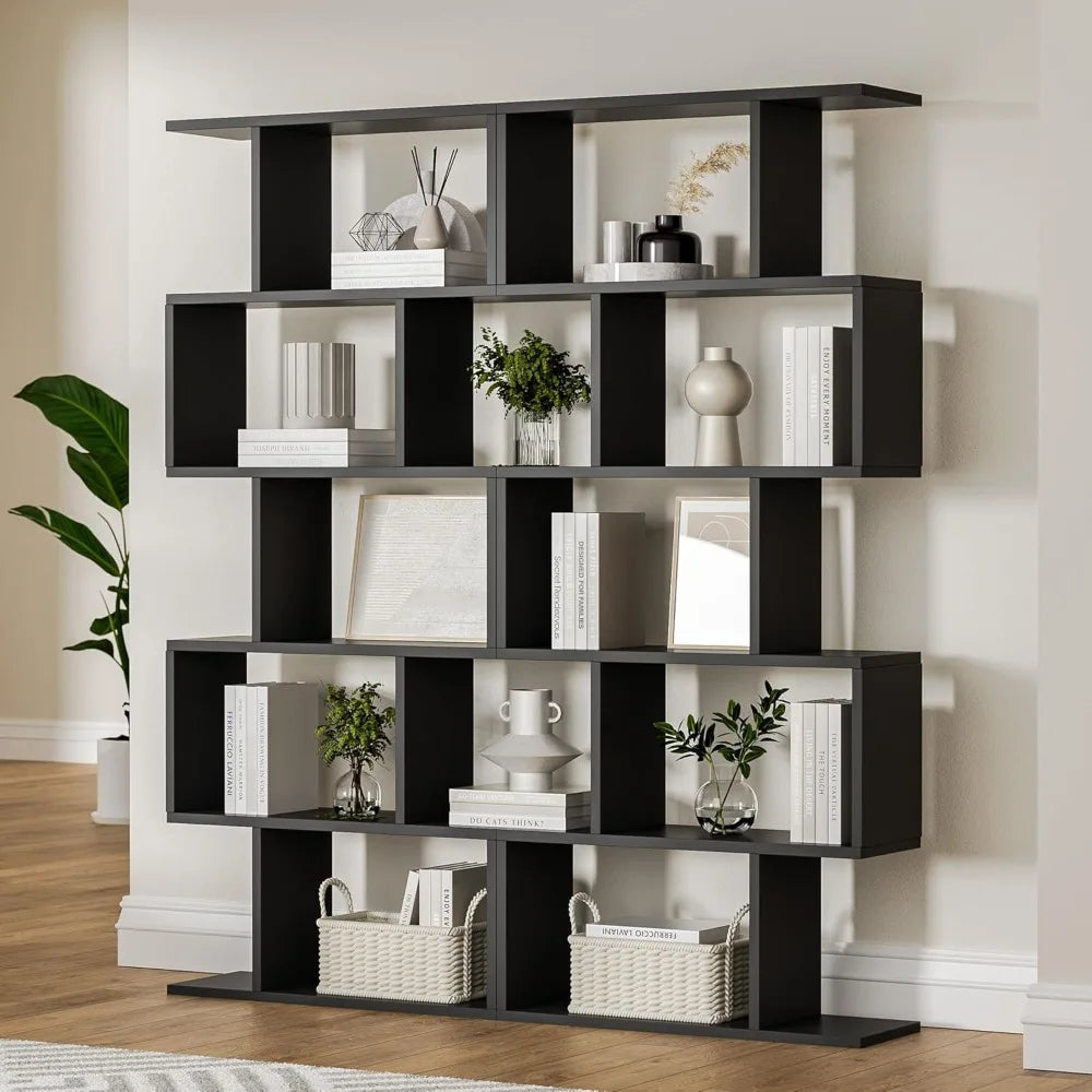 Black 5-Tier Geometric Bookcase, S-Shaped Modern Bookshelf Set of 2, 62.6" Tall Room Divider Book Shelf