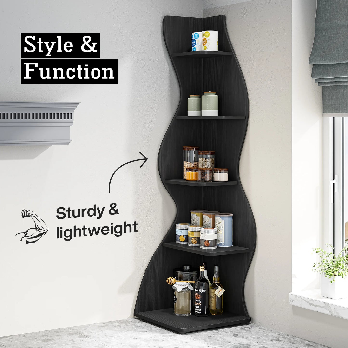 Tribesigns Corner Shelf, Modern 5-Tier Wall Corner Bookshelf, Corner Bookcase for Small Spaces (Black, 1PC)