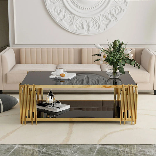 Stainless Steel Rectangle Glass Coffee Table for Living Room 51.18" Modern Center Table with Black Tempered Glass 8mm Gold Leg