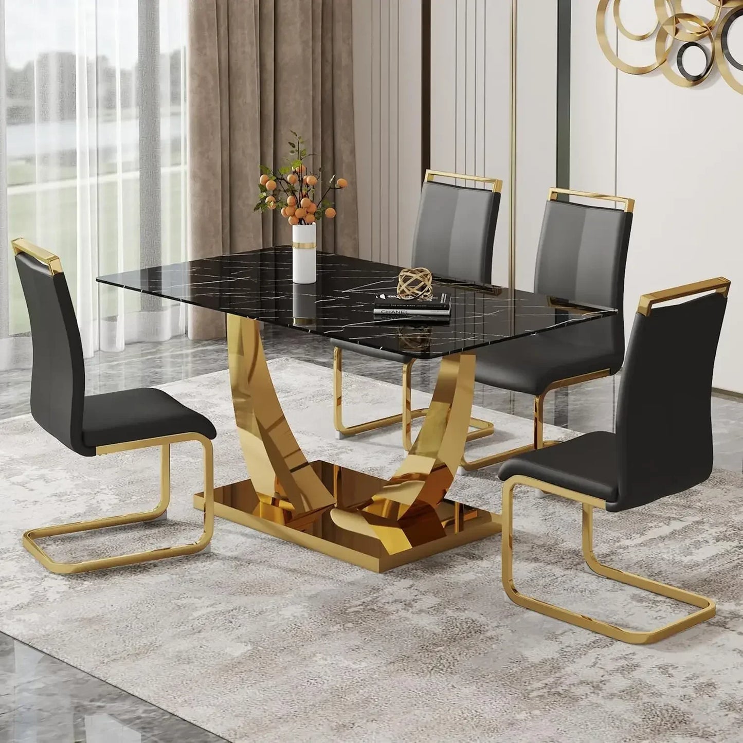 63” Dining Room Table Set for 6 Modern Gold Dining Table Set for 6 Rectangle kitchen Table Set With PU Leather Chairs Black