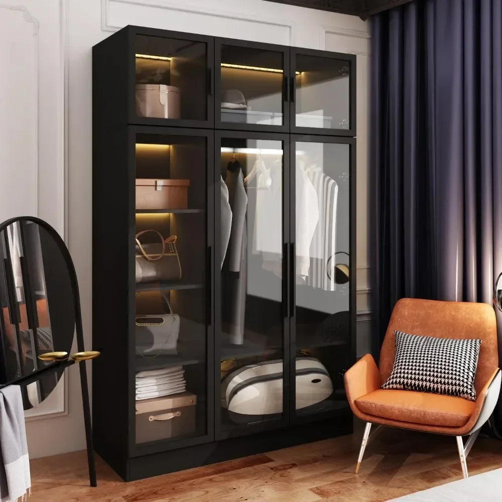 Wardrobes with LED Lights, 5-Tier Shelves and 6 Glass Doors, 47.2" L Wooden Display Storage Cabinet with Hanging Bar Black