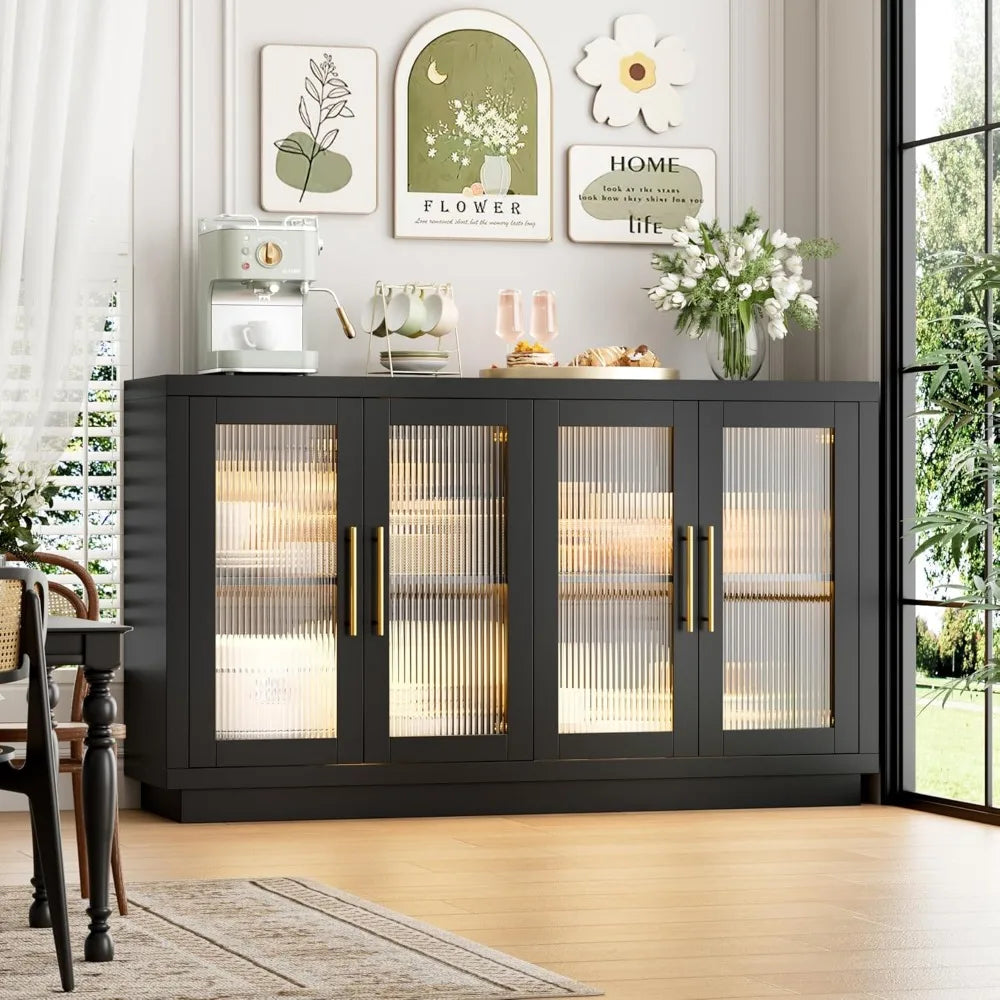 Buffet Cabinet with Storage, 55.1" Large Sideboard Cabinet, Modern Sideboard Kitchen Cabinet with 4 Fluted Glass Doors