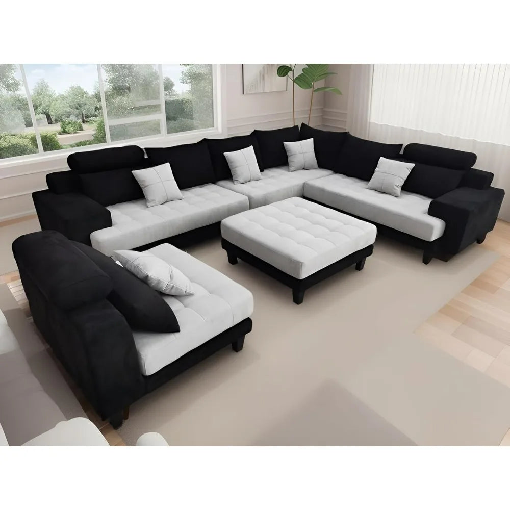 L Shape U Shape Reversible Microfiber Fabric Sectional Couch Sofa Set, 110-142" L x 110" D x 35" H, Living Room Sofas, Black