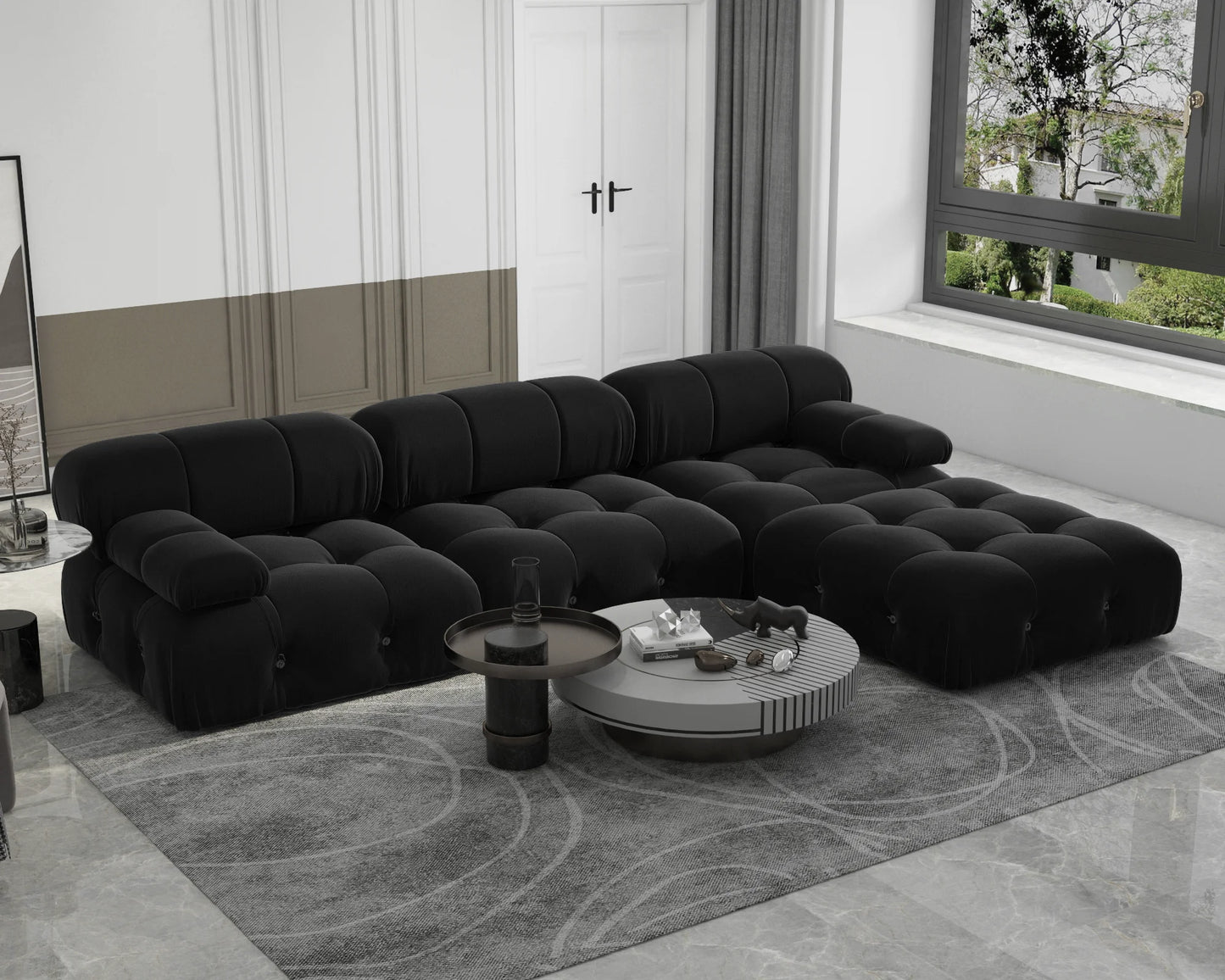 Minimalist Sectional Sofa for Living Room Black Velvet Fabric Modular Couches with Ottomans Comfortable Lounge Couch Sofas Sets