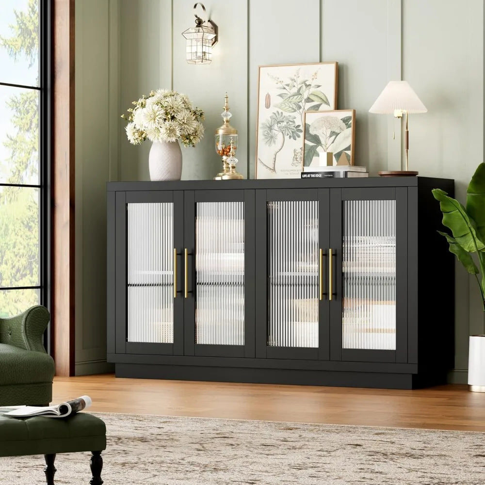 Buffet Cabinet with Storage, 55.1" Large Sideboard Cabinet, Modern Sideboard Kitchen Cabinet with 4 Fluted Glass Doors