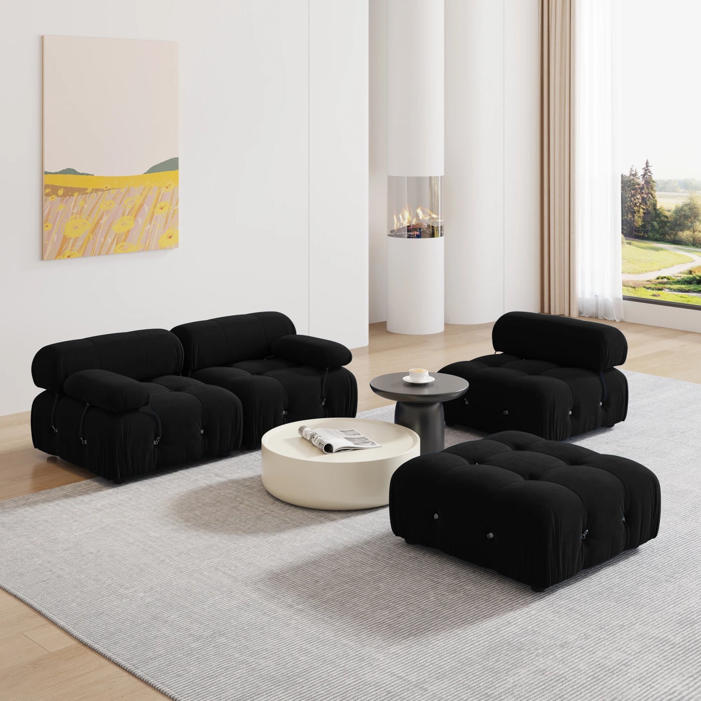 Minimalist Sectional Sofa for Living Room Black Velvet Fabric Modular Couches with Ottomans Comfortable Lounge Couch Sofas Sets