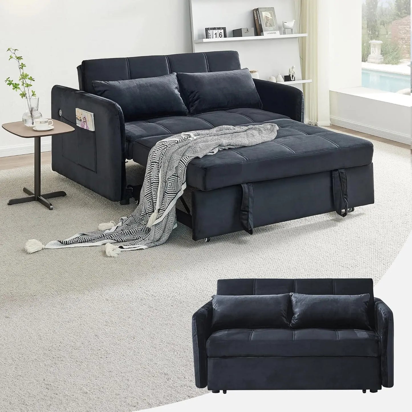 Loveseat Sleeper with Pillows 3-in-1 Pull Out Couch with Adjustable Backrest, Velvet Day Bed with Storage Pockets, Black