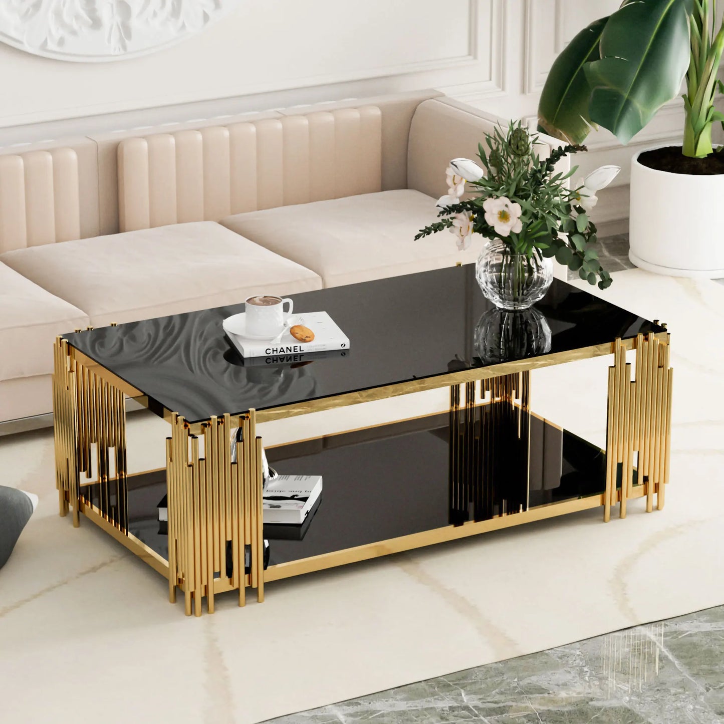 Stainless Steel Rectangle Glass Coffee Table for Living Room 51.18" Modern Center Table with Black Tempered Glass 8mm Gold Leg