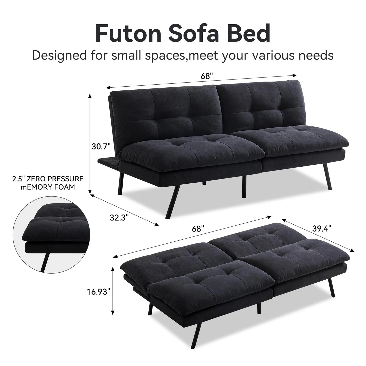 Hcore 1  PC Futon Sofa Bed, Futon Couch Memory Foam Futon Bed,Black Sleeper Sofa Loveseat Convertible Couch for Small Spaces