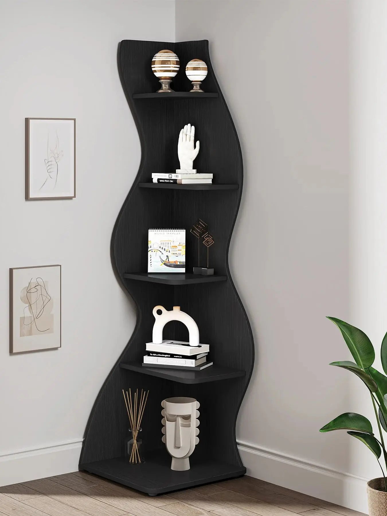 Tribesigns Corner Shelf, Modern 5-Tier Wall Corner Bookshelf, Corner Bookcase for Small Spaces (Black, 1PC)