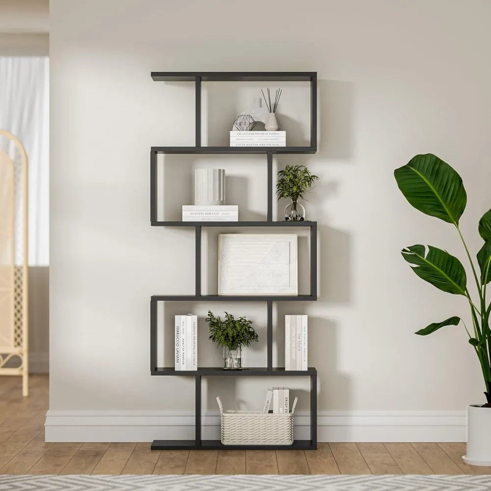 Black 5-Tier Geometric Bookcase, S-Shaped Modern Bookshelf Set of 2, 62.6" Tall Room Divider Book Shelf