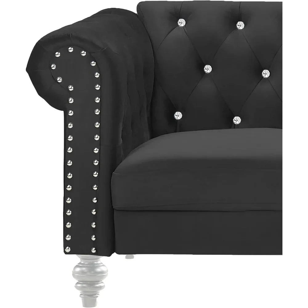 Velvet Three Seater Chesterfield Style Sofa for Small Spaces with Crystal Button Tufts, Black