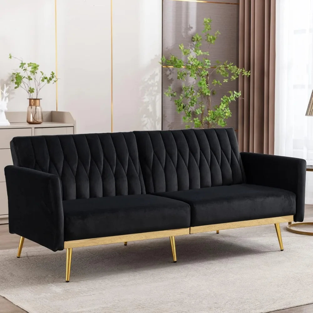 Convertible Futon Sofa Bed with Golden Legs, 70" Tufted Velvet Couch with Adjustable Armrests& Backrest, Sleeper Sofas, Sofa Bed