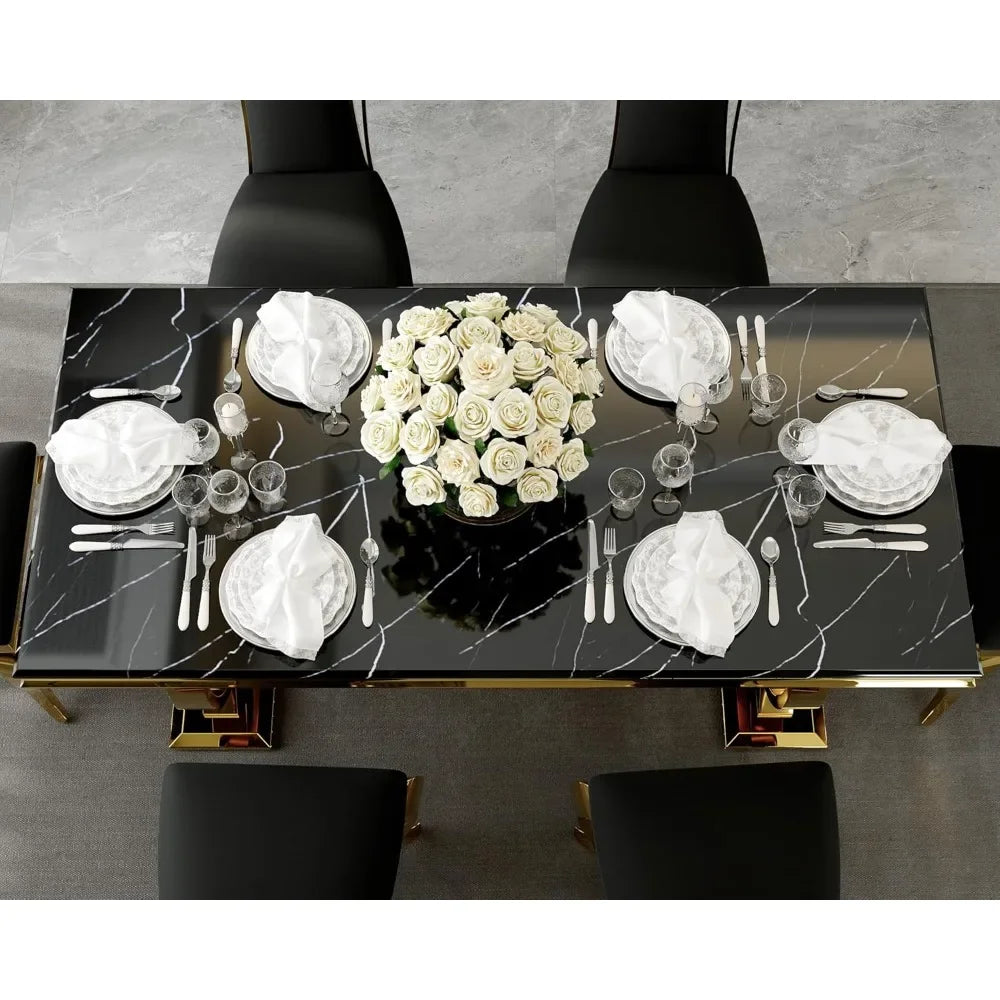 Luxury Dining Table Set, 72 Inch U-Base Modern Dining Room Table with 6 Black Velvet Upholstered Dining Room Chairs, Dinning Set