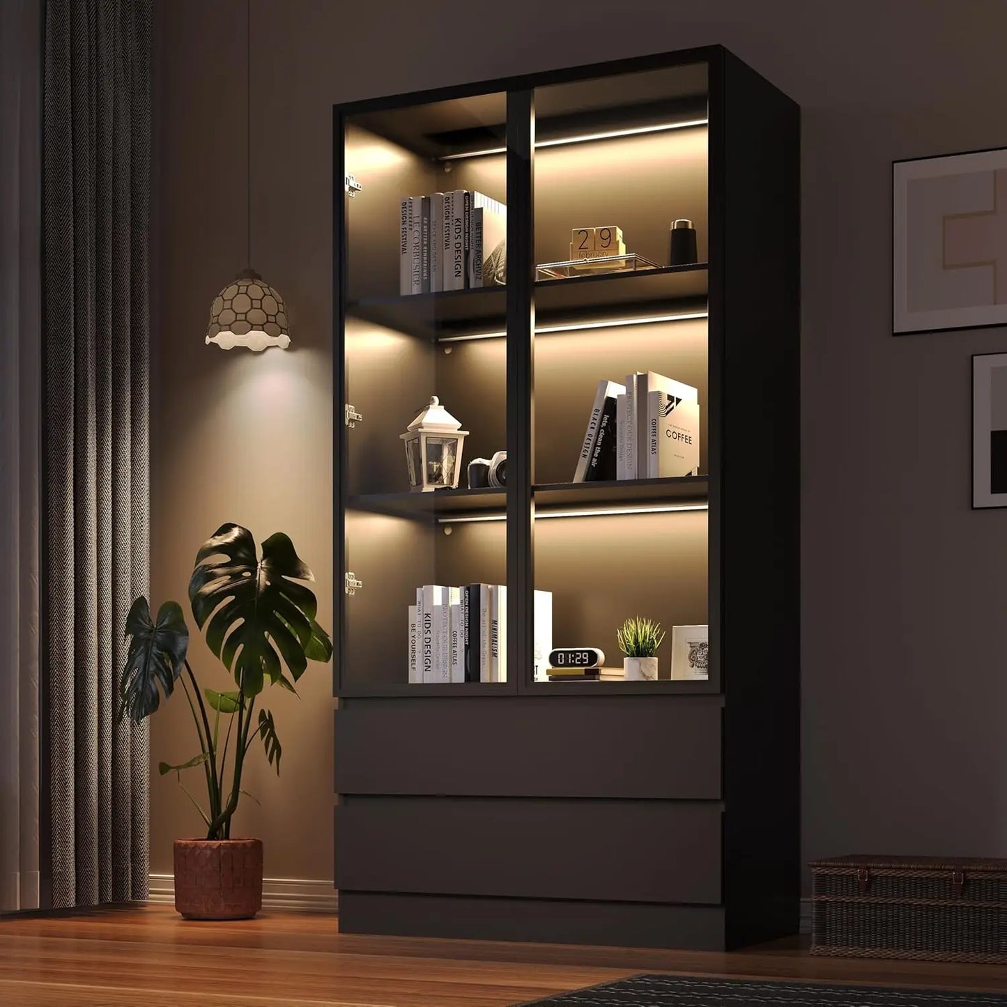 Display Storage Cabinet with Glass Door,Perfume, Vinyl Albums, Bookcase for Home Office, Living Room, Clinic, Pantry