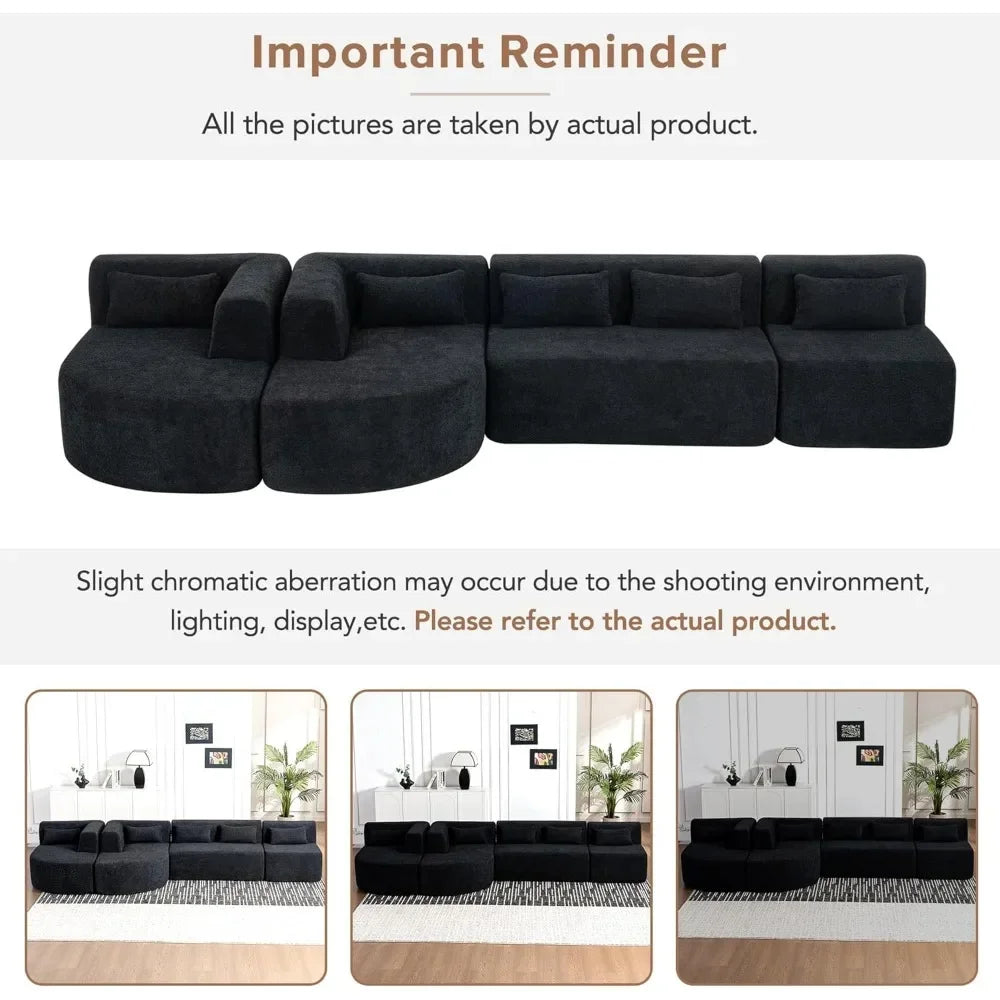 Combination Sofa, 4 Combination Sofa Beds, Modern Fabric Cushioned Sofa with 2 Lounge Chairs and 5 Backrest Pillows