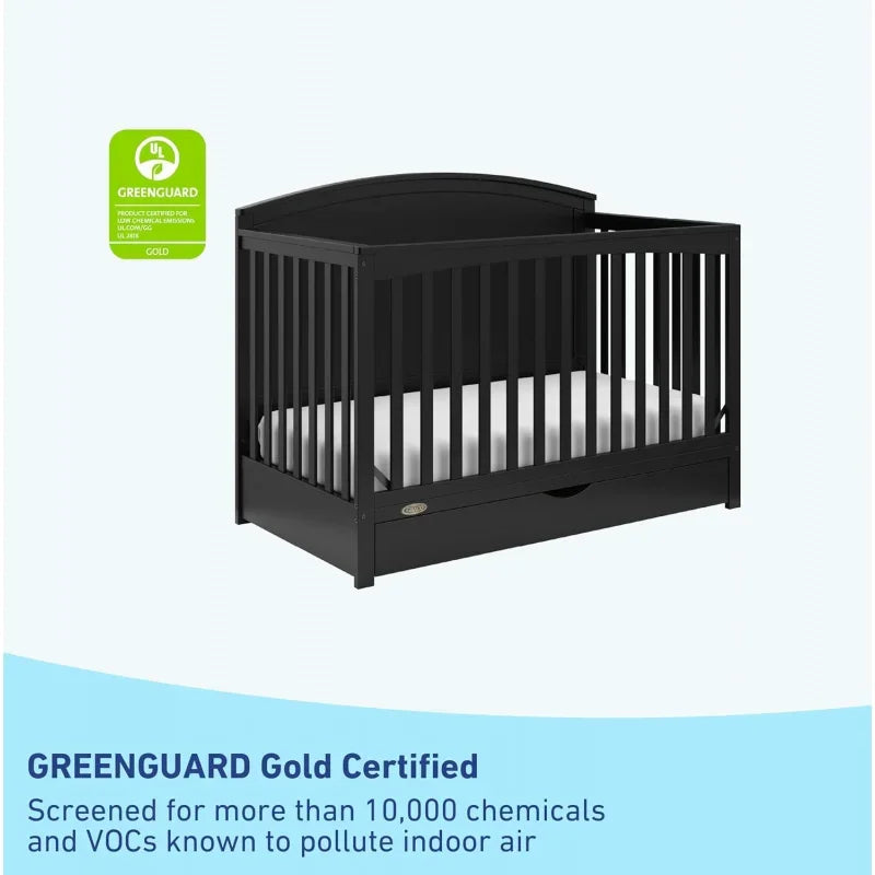 Dark Luxe 5-in-1 Convertible Crib with Drawer (Black) - GREENGUARD Gold Certified, Full-Size Storage Drawer, Converts to To