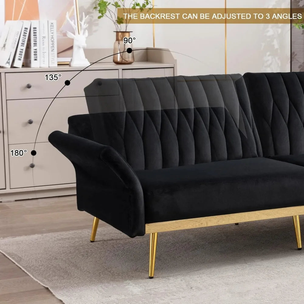 Convertible Futon Sofa Bed with Golden Legs, 70" Tufted Velvet Couch with Adjustable Armrests& Backrest, Sleeper Sofas, Sofa Bed