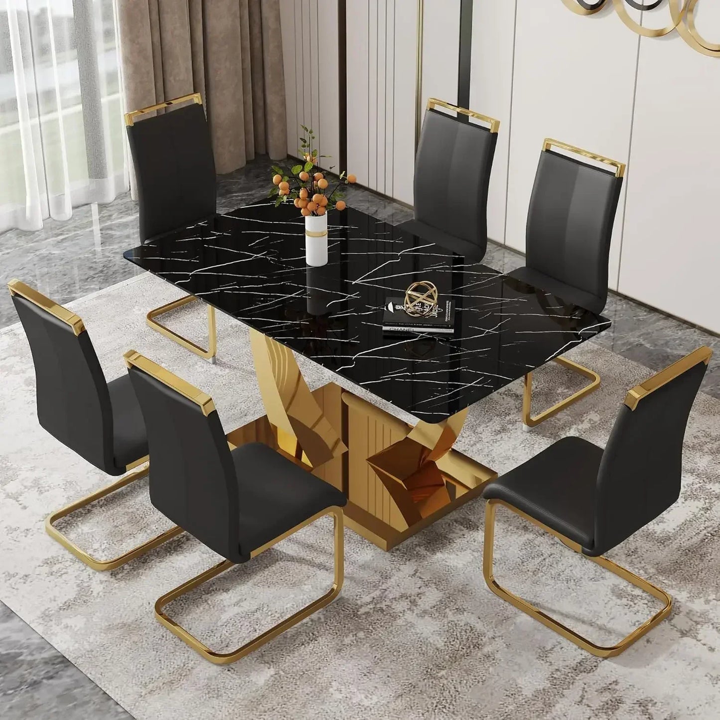 63” Dining Room Table Set for 6 Modern Gold Dining Table Set for 6 Rectangle kitchen Table Set With PU Leather Chairs Black