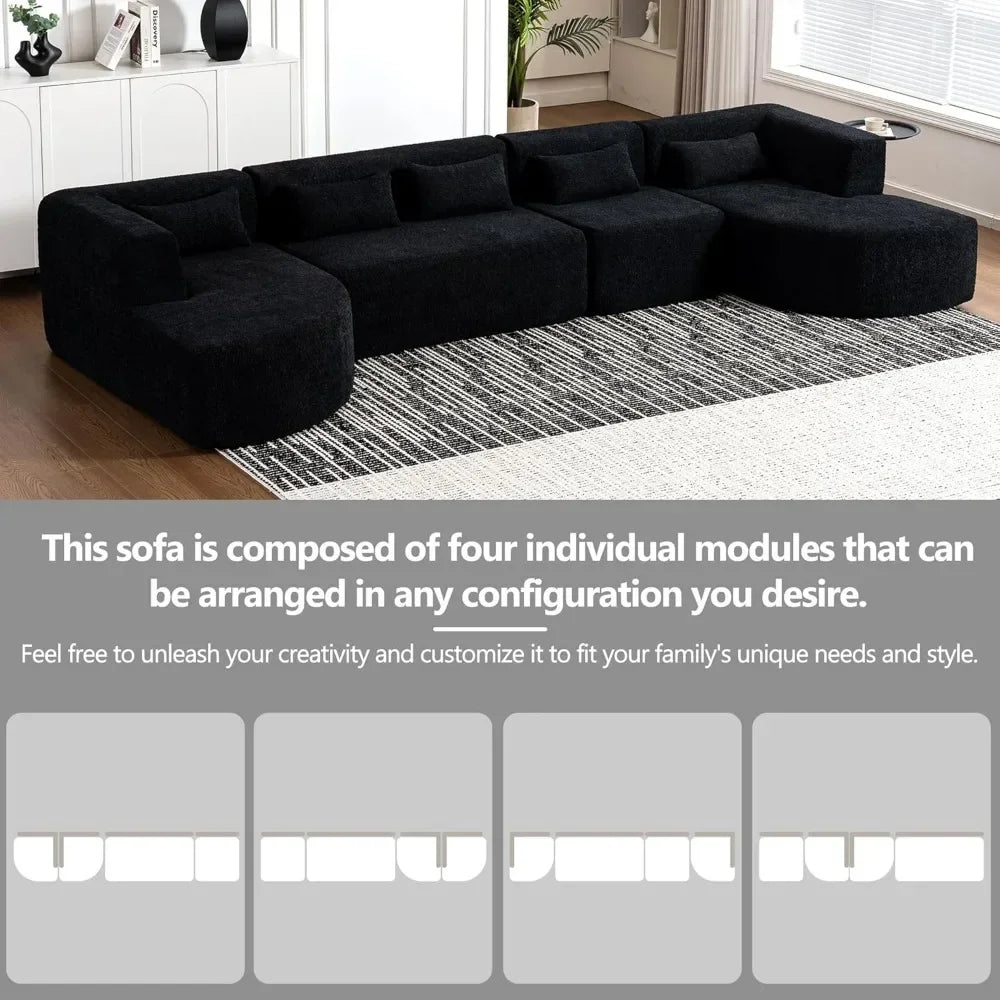 Combination Sofa, 4 Combination Sofa Beds, Modern Fabric Cushioned Sofa with 2 Lounge Chairs and 5 Backrest Pillows