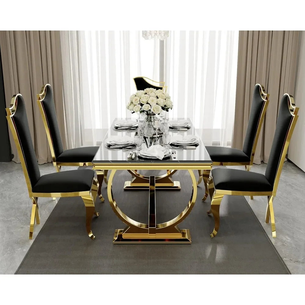 Luxury Dining Table Set, 72 Inch U-Base Modern Dining Room Table with 6 Black Velvet Upholstered Dining Room Chairs, Dinning Set