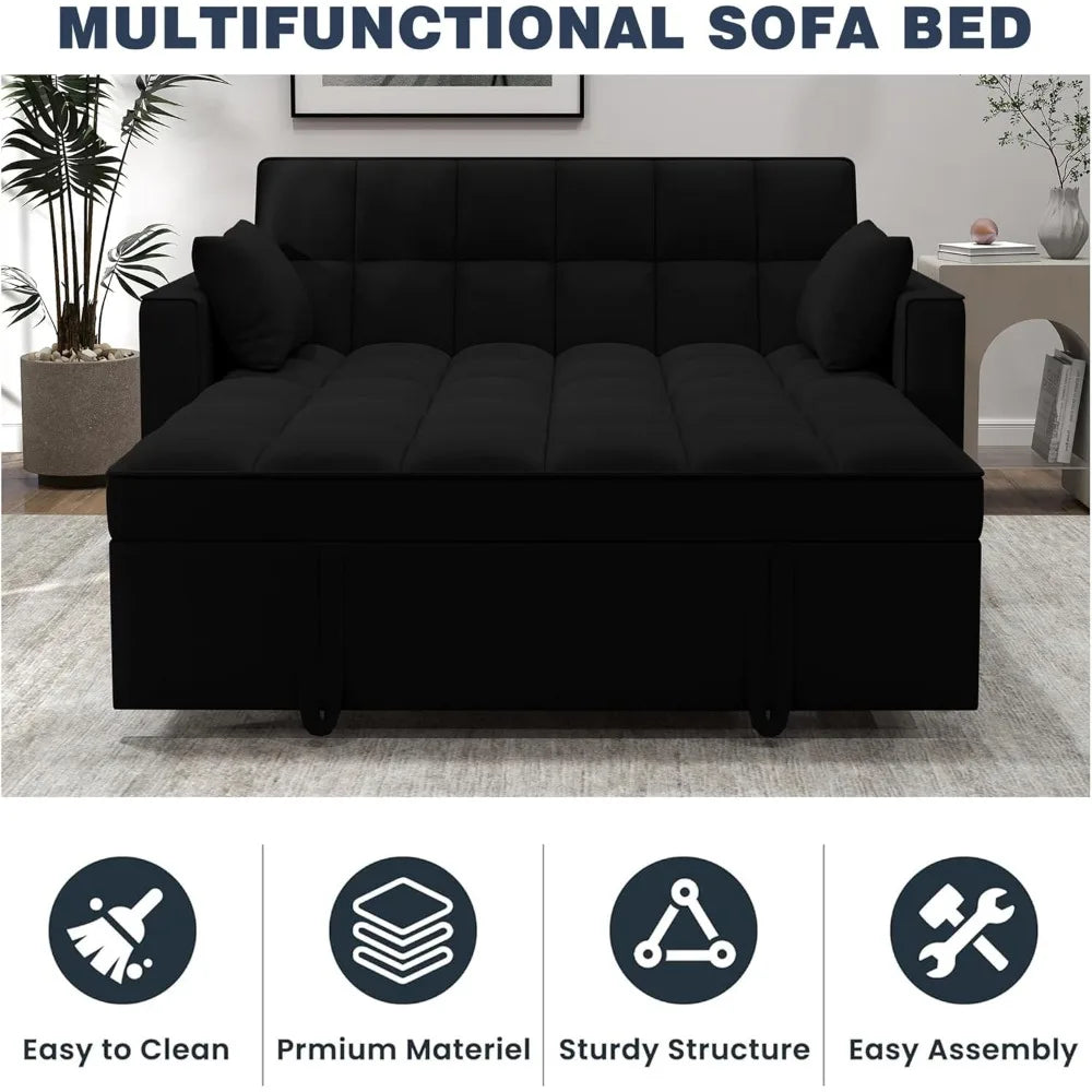 Loveseat Sleeper with Pillows 3-in-1 Pull Out Couch with Adjustable Backrest, Velvet Day Bed with Storage Pockets, Black