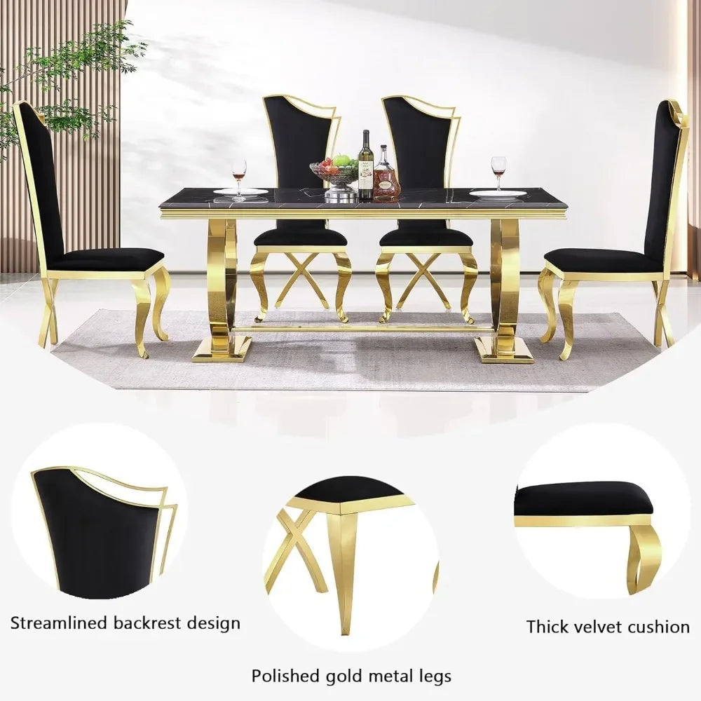 Luxury Dining Table Set, 72 Inch U-Base Modern Dining Room Table with 6 Black Velvet Upholstered Dining Room Chairs, Dinning Set