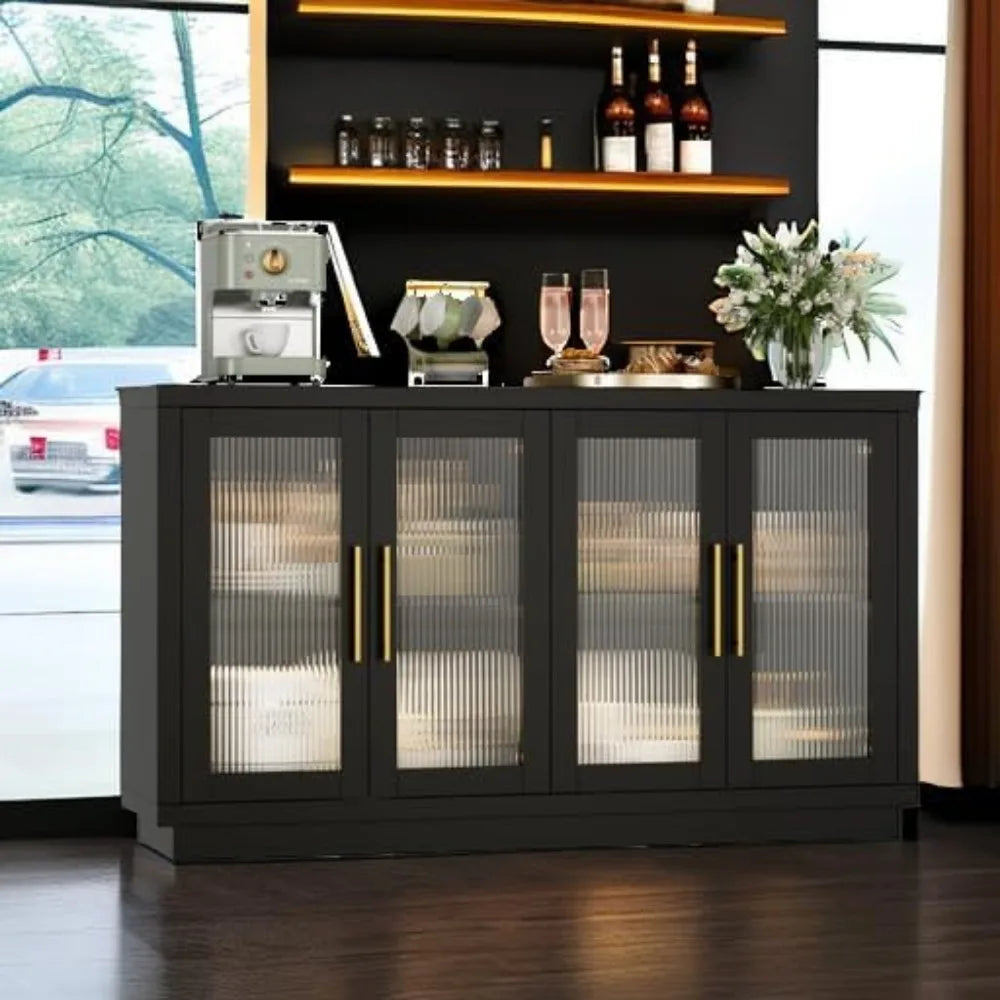 Buffet Cabinet with Storage, 55.1" Large Sideboard Cabinet, Modern Sideboard Kitchen Cabinet with 4 Fluted Glass Doors