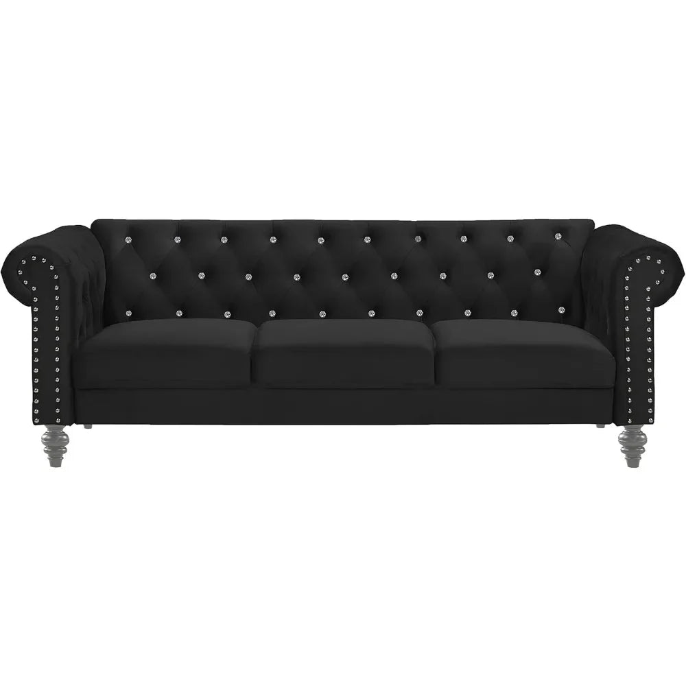 Velvet Three Seater Chesterfield Style Sofa for Small Spaces with Crystal Button Tufts, Black