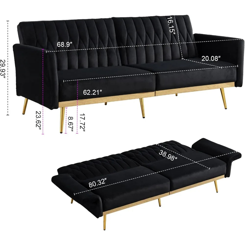 Convertible Futon Sofa Bed with Golden Legs, 70" Tufted Velvet Couch with Adjustable Armrests& Backrest, Sleeper Sofas, Sofa Bed