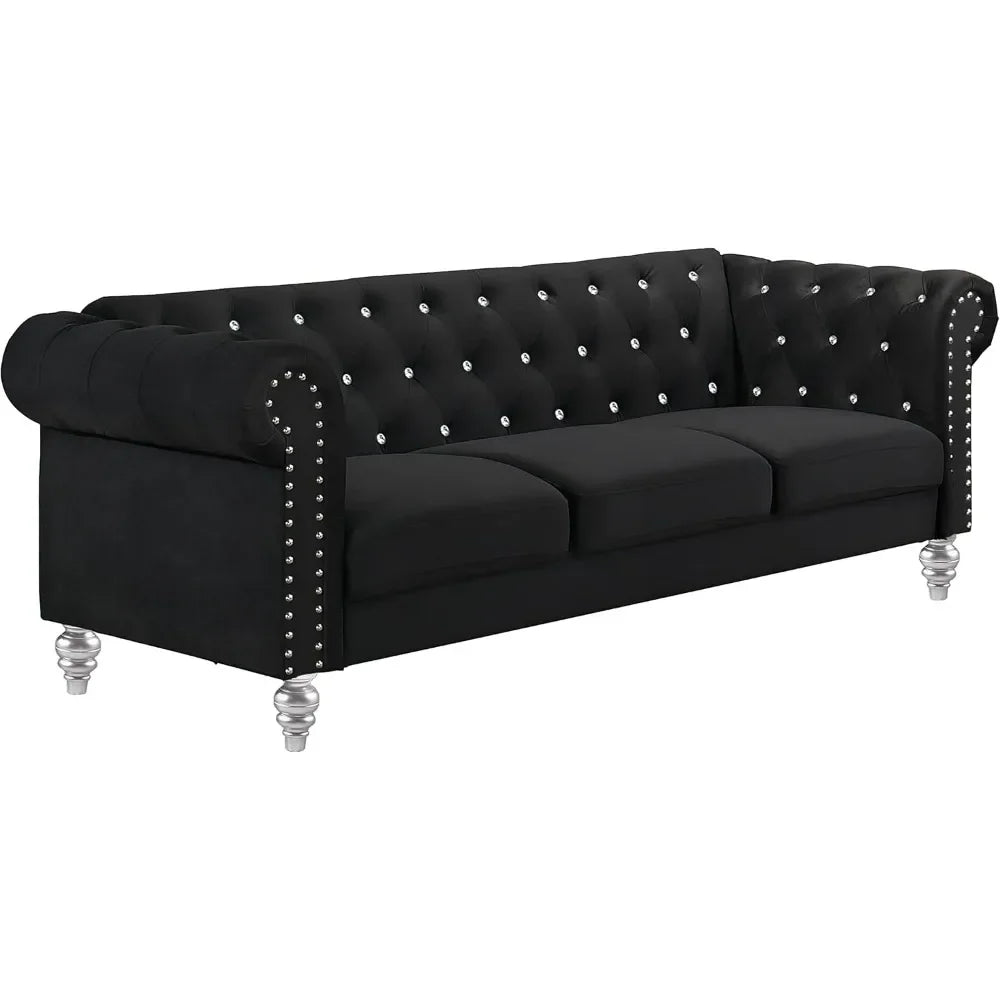 Velvet Three Seater Chesterfield Style Sofa for Small Spaces with Crystal Button Tufts, Black