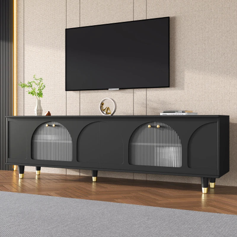 ON-TREND Contemporary TV Stand with Adjustable Shelves for TVs Up to 78'', Stylish Media Console with Gold Handles, Black